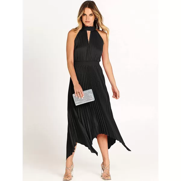 imageANRABESS Womens Sleeveless Cutout Halter Neck Satin Formal Dress Smocked Pleated Asymmetric Party Cocktail Maxi DressBlack