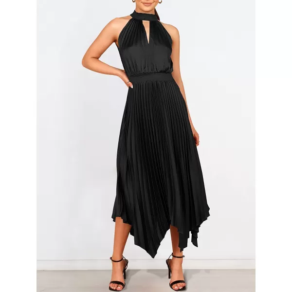 imageANRABESS Womens Sleeveless Cutout Halter Neck Satin Formal Dress Smocked Pleated Asymmetric Party Cocktail Maxi DressBlack