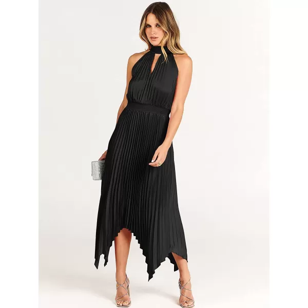 imageANRABESS Womens Sleeveless Cutout Halter Neck Satin Formal Dress Smocked Pleated Asymmetric Party Cocktail Maxi DressBlack