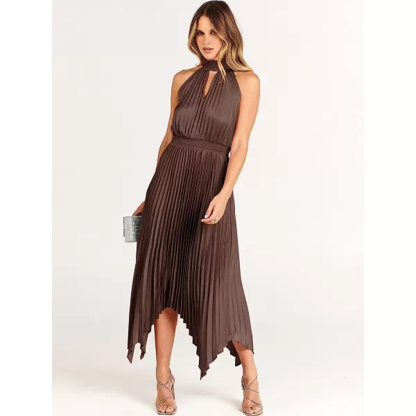imageANRABESS Womens Sleeveless Cutout Halter Neck Satin Formal Dress Smocked Pleated Asymmetric Party Cocktail Maxi DressBrown