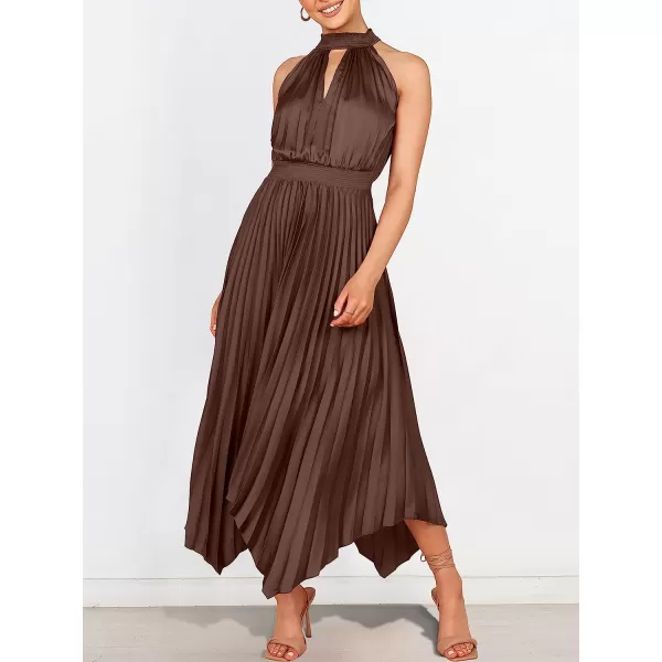 imageANRABESS Womens Sleeveless Cutout Halter Neck Satin Formal Dress Smocked Pleated Asymmetric Party Cocktail Maxi DressBrown