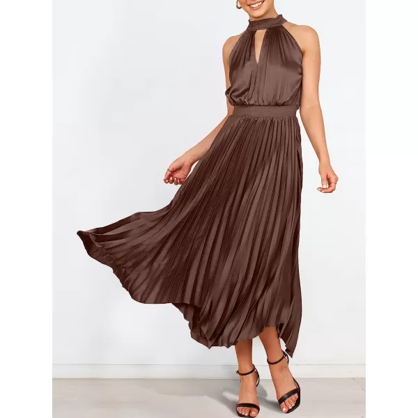 imageANRABESS Womens Sleeveless Cutout Halter Neck Satin Formal Dress Smocked Pleated Asymmetric Party Cocktail Maxi DressBrown