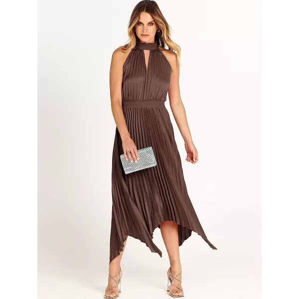 imageANRABESS Womens Sleeveless Cutout Halter Neck Satin Formal Dress Smocked Pleated Asymmetric Party Cocktail Maxi DressBrown