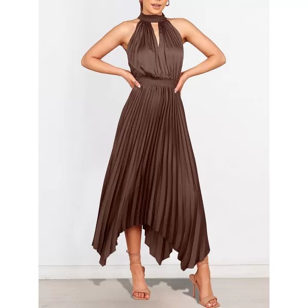 imageANRABESS Womens Sleeveless Cutout Halter Neck Satin Formal Dress Smocked Pleated Asymmetric Party Cocktail Maxi DressBrown
