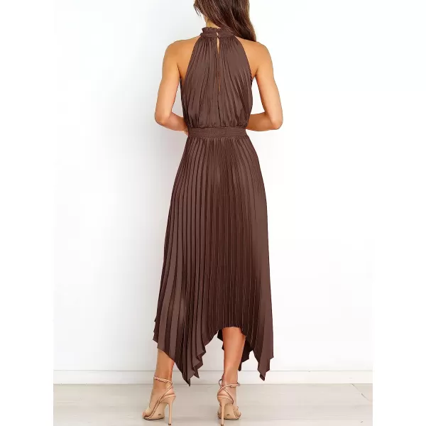 imageANRABESS Womens Sleeveless Cutout Halter Neck Satin Formal Dress Smocked Pleated Asymmetric Party Cocktail Maxi DressBrown