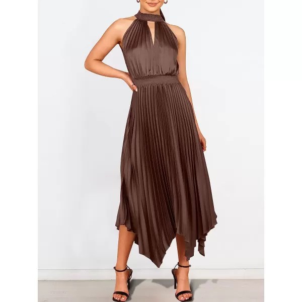 imageANRABESS Womens Sleeveless Cutout Halter Neck Satin Formal Dress Smocked Pleated Asymmetric Party Cocktail Maxi DressBrown