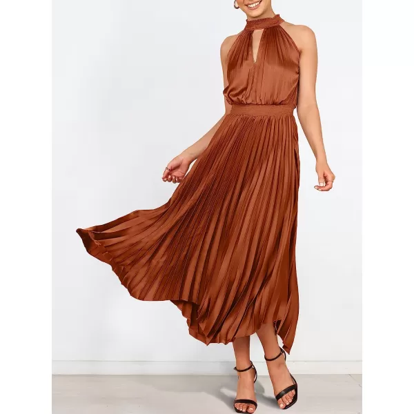 imageANRABESS Womens Sleeveless Cutout Halter Neck Satin Formal Dress Smocked Pleated Asymmetric Party Cocktail Maxi DressCaramel
