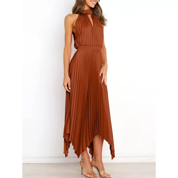 imageANRABESS Womens Sleeveless Cutout Halter Neck Satin Formal Dress Smocked Pleated Asymmetric Party Cocktail Maxi DressCaramel
