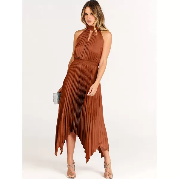 imageANRABESS Womens Sleeveless Cutout Halter Neck Satin Formal Dress Smocked Pleated Asymmetric Party Cocktail Maxi DressCaramel