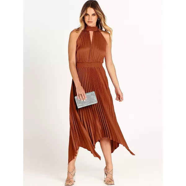 imageANRABESS Womens Sleeveless Cutout Halter Neck Satin Formal Dress Smocked Pleated Asymmetric Party Cocktail Maxi DressCaramel
