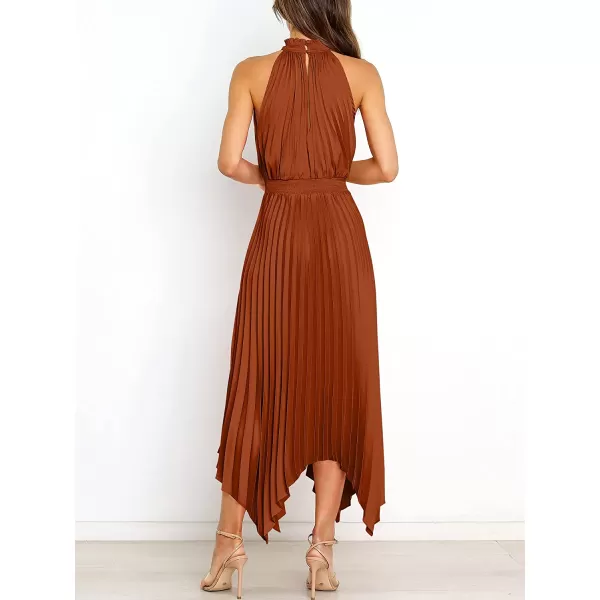 imageANRABESS Womens Sleeveless Cutout Halter Neck Satin Formal Dress Smocked Pleated Asymmetric Party Cocktail Maxi DressCaramel