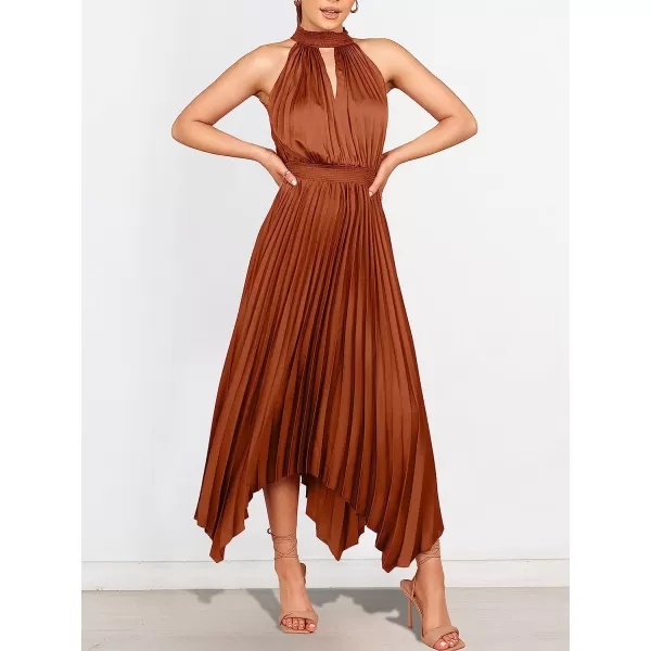 imageANRABESS Womens Sleeveless Cutout Halter Neck Satin Formal Dress Smocked Pleated Asymmetric Party Cocktail Maxi DressCaramel