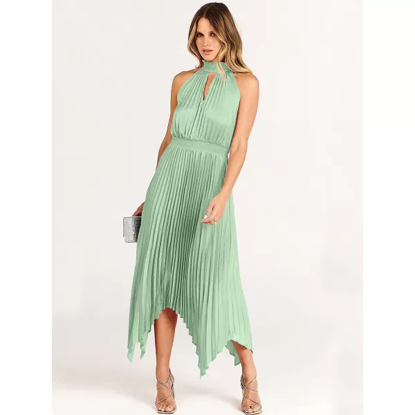 imageANRABESS Womens Sleeveless Cutout Halter Neck Satin Formal Dress Smocked Pleated Asymmetric Party Cocktail Maxi DressCyan
