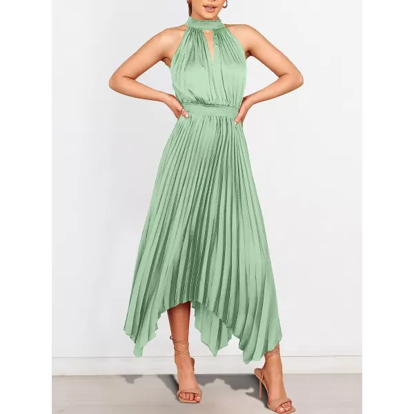 imageANRABESS Womens Sleeveless Cutout Halter Neck Satin Formal Dress Smocked Pleated Asymmetric Party Cocktail Maxi DressCyan