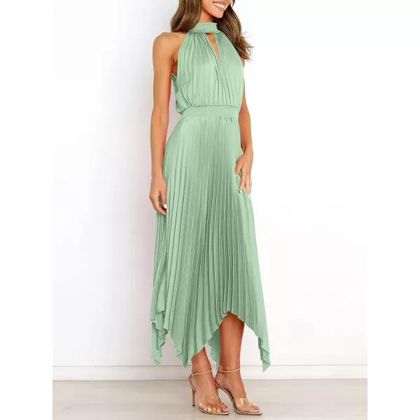 imageANRABESS Womens Sleeveless Cutout Halter Neck Satin Formal Dress Smocked Pleated Asymmetric Party Cocktail Maxi DressCyan