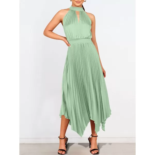 imageANRABESS Womens Sleeveless Cutout Halter Neck Satin Formal Dress Smocked Pleated Asymmetric Party Cocktail Maxi DressCyan