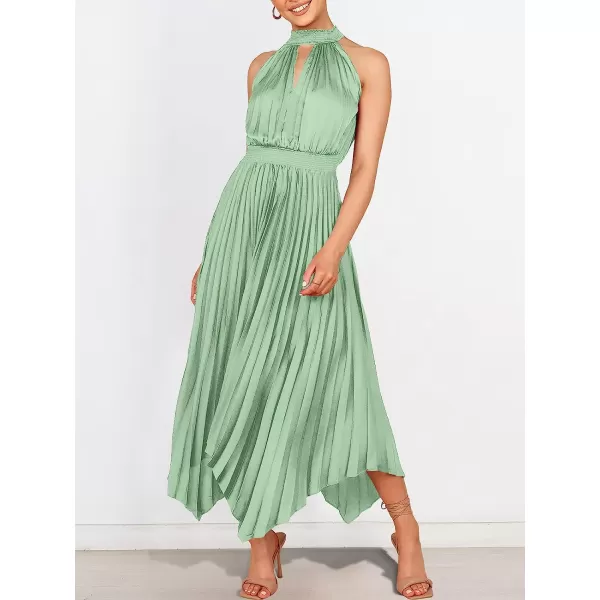 imageANRABESS Womens Sleeveless Cutout Halter Neck Satin Formal Dress Smocked Pleated Asymmetric Party Cocktail Maxi DressCyan