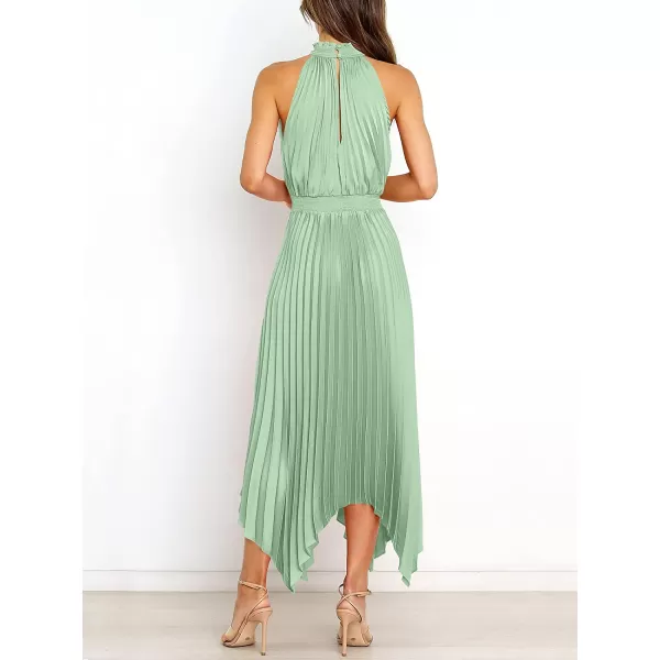 imageANRABESS Womens Sleeveless Cutout Halter Neck Satin Formal Dress Smocked Pleated Asymmetric Party Cocktail Maxi DressCyan