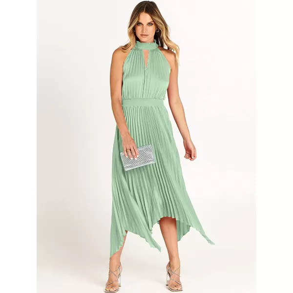 imageANRABESS Womens Sleeveless Cutout Halter Neck Satin Formal Dress Smocked Pleated Asymmetric Party Cocktail Maxi DressCyan