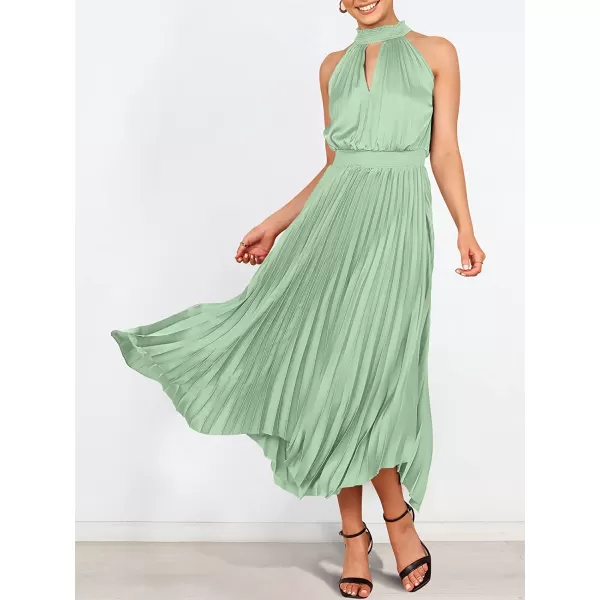 imageANRABESS Womens Sleeveless Cutout Halter Neck Satin Formal Dress Smocked Pleated Asymmetric Party Cocktail Maxi DressCyan
