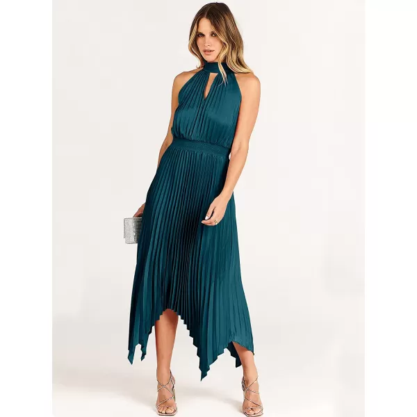 imageANRABESS Womens Sleeveless Cutout Halter Neck Satin Formal Dress Smocked Pleated Asymmetric Party Cocktail Maxi DressDeep Blue