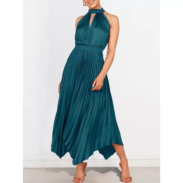 imageANRABESS Womens Sleeveless Cutout Halter Neck Satin Formal Dress Smocked Pleated Asymmetric Party Cocktail Maxi DressDeep Blue