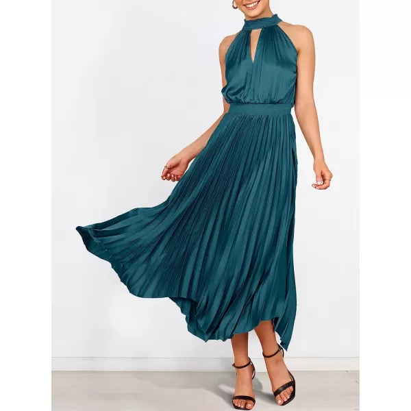 imageANRABESS Womens Sleeveless Cutout Halter Neck Satin Formal Dress Smocked Pleated Asymmetric Party Cocktail Maxi DressDeep Blue