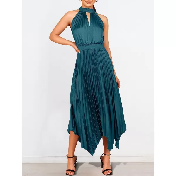 imageANRABESS Womens Sleeveless Cutout Halter Neck Satin Formal Dress Smocked Pleated Asymmetric Party Cocktail Maxi DressDeep Blue