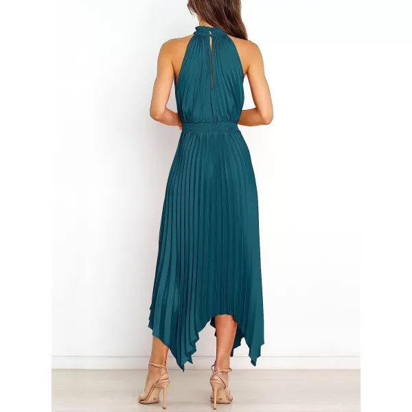 imageANRABESS Womens Sleeveless Cutout Halter Neck Satin Formal Dress Smocked Pleated Asymmetric Party Cocktail Maxi DressDeep Blue