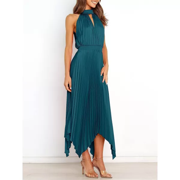 imageANRABESS Womens Sleeveless Cutout Halter Neck Satin Formal Dress Smocked Pleated Asymmetric Party Cocktail Maxi DressDeep Blue