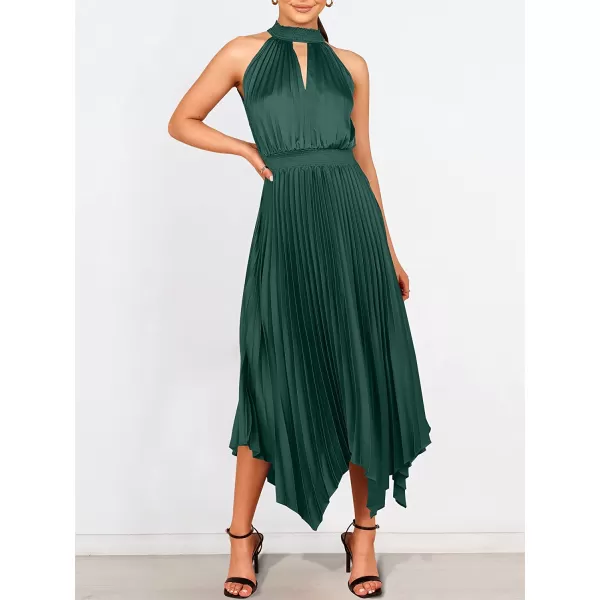 imageANRABESS Womens Sleeveless Cutout Halter Neck Satin Formal Dress Smocked Pleated Asymmetric Party Cocktail Maxi DressDeep Green