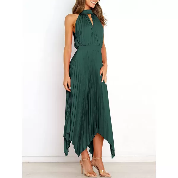 imageANRABESS Womens Sleeveless Cutout Halter Neck Satin Formal Dress Smocked Pleated Asymmetric Party Cocktail Maxi DressDeep Green