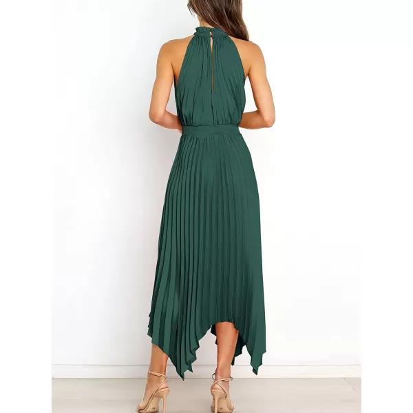 imageANRABESS Womens Sleeveless Cutout Halter Neck Satin Formal Dress Smocked Pleated Asymmetric Party Cocktail Maxi DressDeep Green