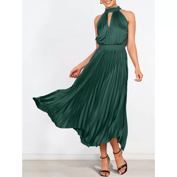 imageANRABESS Womens Sleeveless Cutout Halter Neck Satin Formal Dress Smocked Pleated Asymmetric Party Cocktail Maxi DressDeep Green