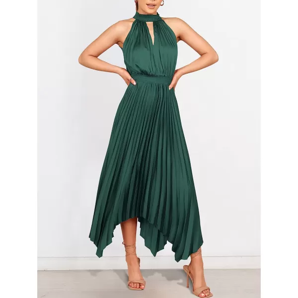 imageANRABESS Womens Sleeveless Cutout Halter Neck Satin Formal Dress Smocked Pleated Asymmetric Party Cocktail Maxi DressDeep Green
