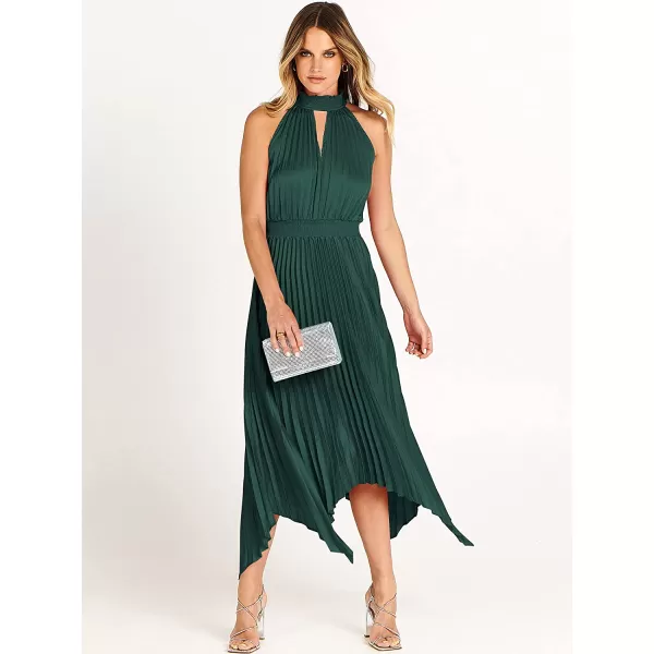 imageANRABESS Womens Sleeveless Cutout Halter Neck Satin Formal Dress Smocked Pleated Asymmetric Party Cocktail Maxi DressDeep Green