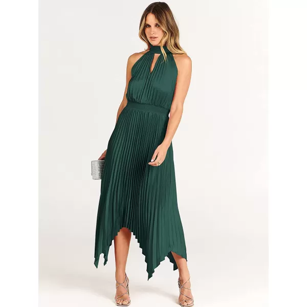 imageANRABESS Womens Sleeveless Cutout Halter Neck Satin Formal Dress Smocked Pleated Asymmetric Party Cocktail Maxi DressDeep Green