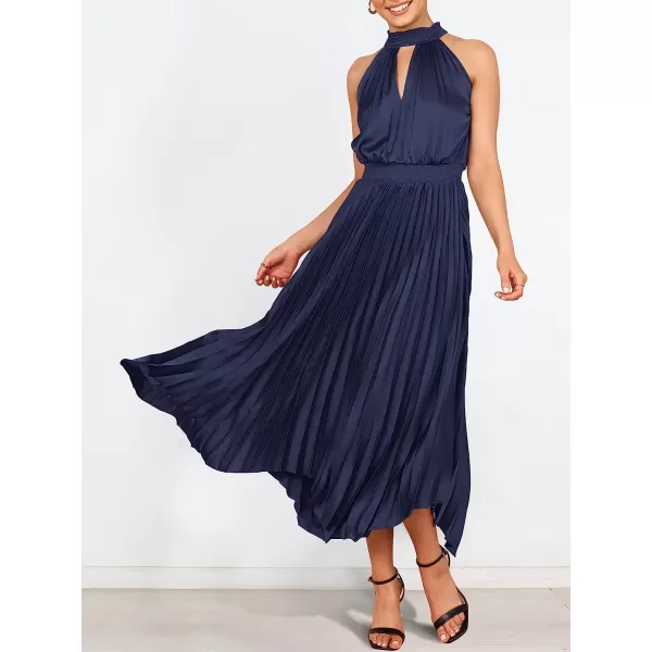 imageANRABESS Womens Sleeveless Cutout Halter Neck Satin Formal Dress Smocked Pleated Asymmetric Party Cocktail Maxi DressNavy Blue