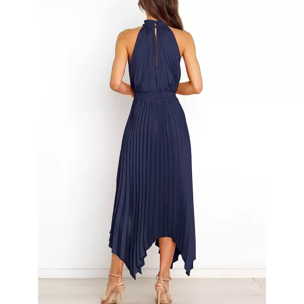 imageANRABESS Womens Sleeveless Cutout Halter Neck Satin Formal Dress Smocked Pleated Asymmetric Party Cocktail Maxi DressNavy Blue