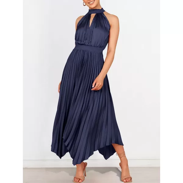 imageANRABESS Womens Sleeveless Cutout Halter Neck Satin Formal Dress Smocked Pleated Asymmetric Party Cocktail Maxi DressNavy Blue