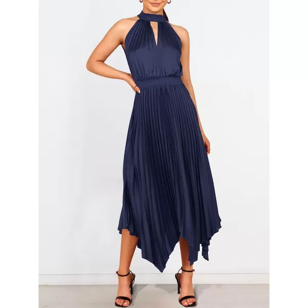 imageANRABESS Womens Sleeveless Cutout Halter Neck Satin Formal Dress Smocked Pleated Asymmetric Party Cocktail Maxi DressNavy Blue