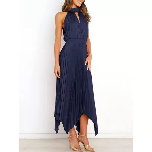 imageANRABESS Womens Sleeveless Cutout Halter Neck Satin Formal Dress Smocked Pleated Asymmetric Party Cocktail Maxi DressNavy Blue