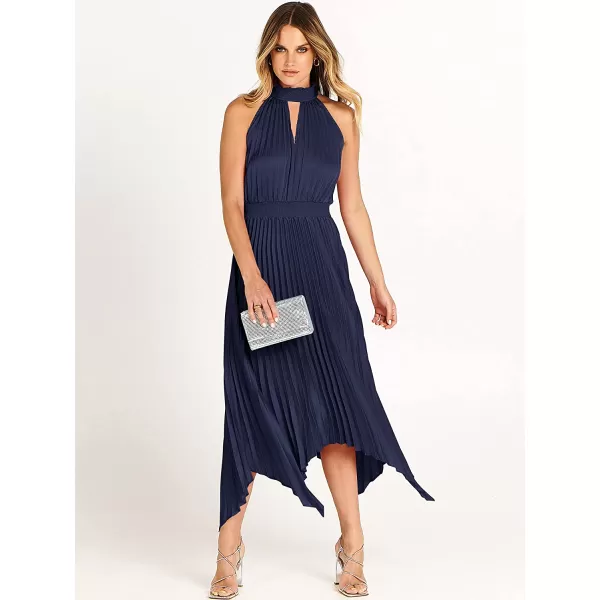 imageANRABESS Womens Sleeveless Cutout Halter Neck Satin Formal Dress Smocked Pleated Asymmetric Party Cocktail Maxi DressNavy Blue