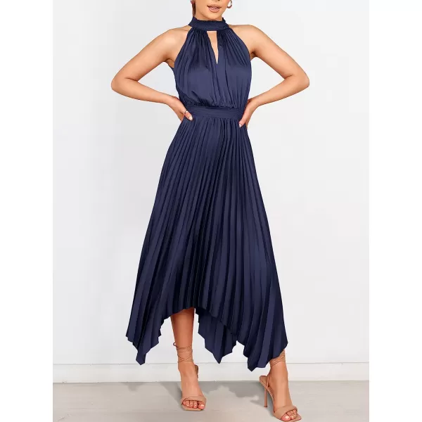 imageANRABESS Womens Sleeveless Cutout Halter Neck Satin Formal Dress Smocked Pleated Asymmetric Party Cocktail Maxi DressNavy Blue