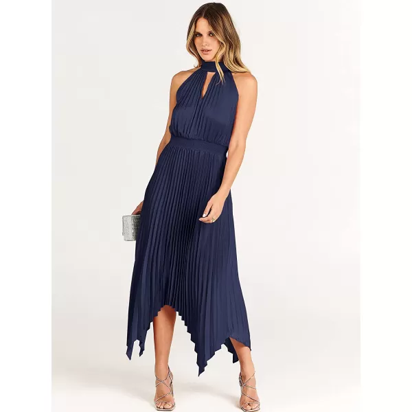 imageANRABESS Womens Sleeveless Cutout Halter Neck Satin Formal Dress Smocked Pleated Asymmetric Party Cocktail Maxi DressNavy Blue
