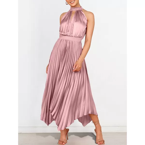 imageANRABESS Womens Sleeveless Cutout Halter Neck Satin Formal Dress Smocked Pleated Asymmetric Party Cocktail Maxi DressPink