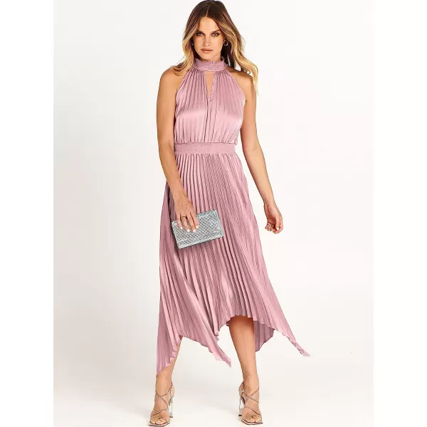 imageANRABESS Womens Sleeveless Cutout Halter Neck Satin Formal Dress Smocked Pleated Asymmetric Party Cocktail Maxi DressPink