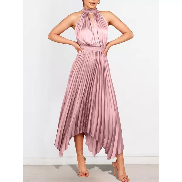 imageANRABESS Womens Sleeveless Cutout Halter Neck Satin Formal Dress Smocked Pleated Asymmetric Party Cocktail Maxi DressPink