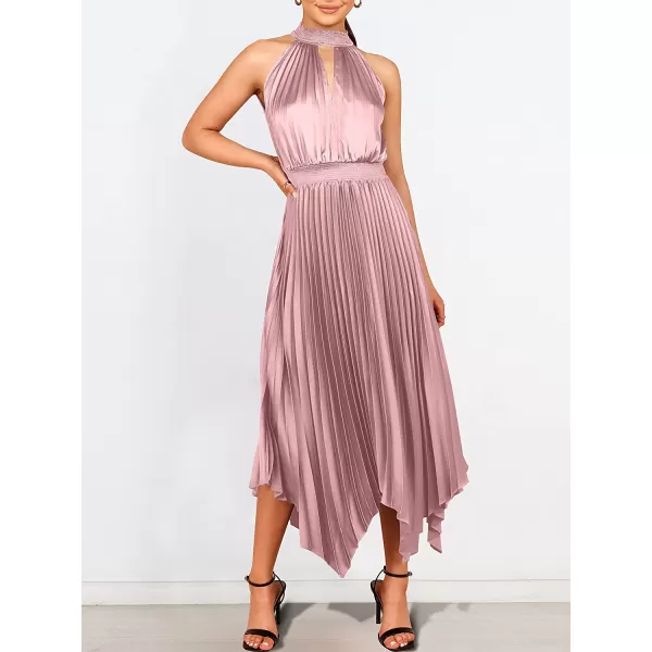 imageANRABESS Womens Sleeveless Cutout Halter Neck Satin Formal Dress Smocked Pleated Asymmetric Party Cocktail Maxi DressPink