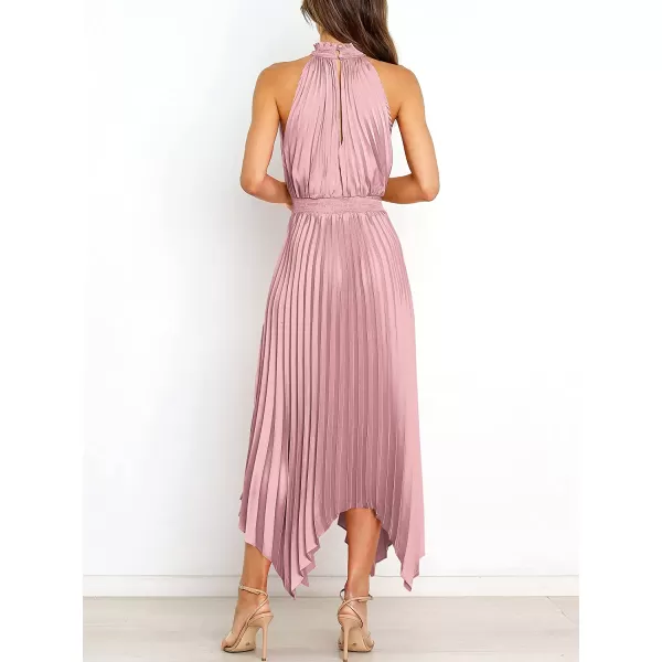 imageANRABESS Womens Sleeveless Cutout Halter Neck Satin Formal Dress Smocked Pleated Asymmetric Party Cocktail Maxi DressPink